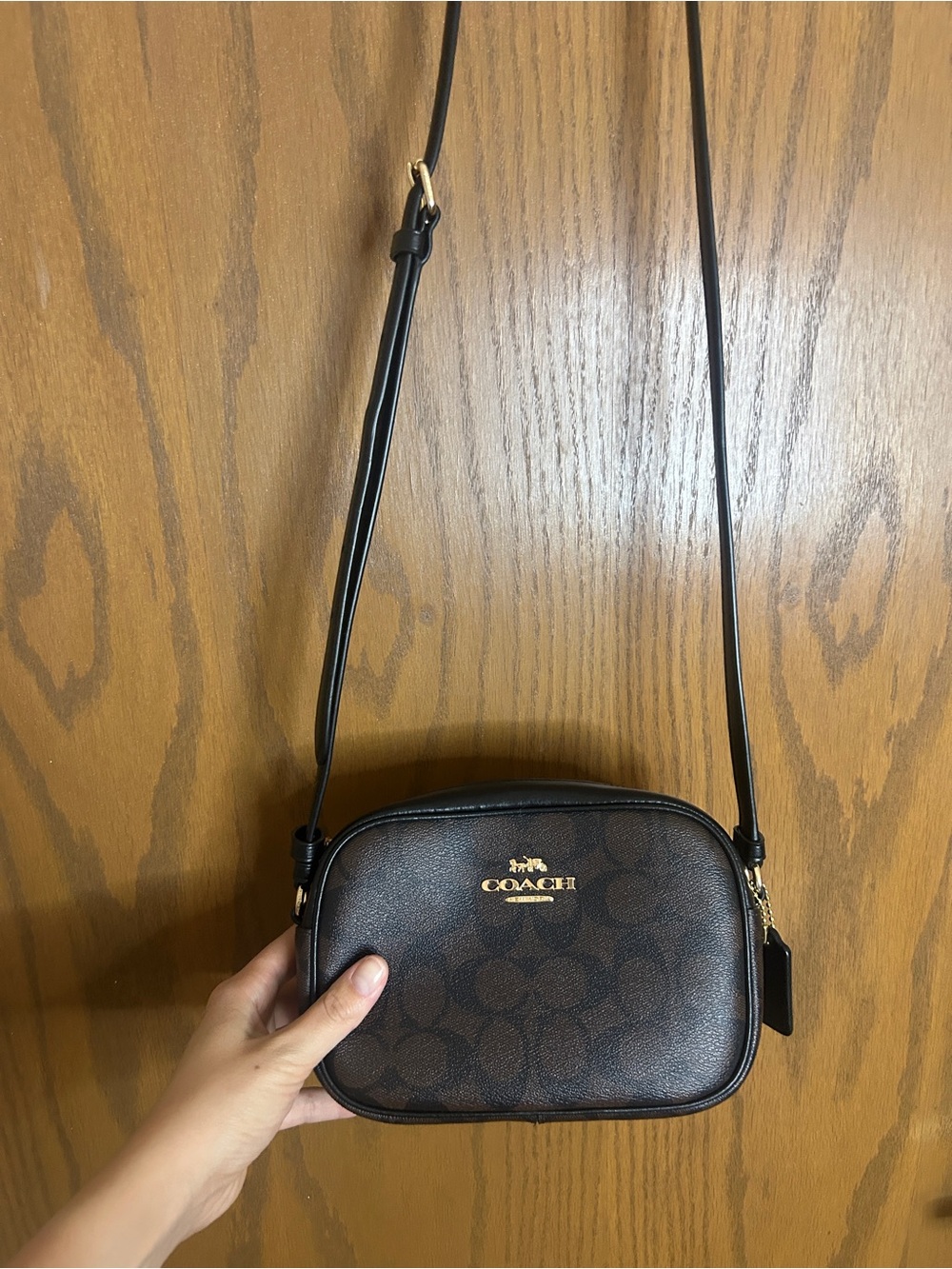 Coach Signature Mini Camera Crossbody Bag Brown Black PVC Leather Gold Hardware